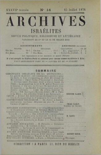 Archives israélites de France. Vol.37 N°14 (15 juil. 1876)